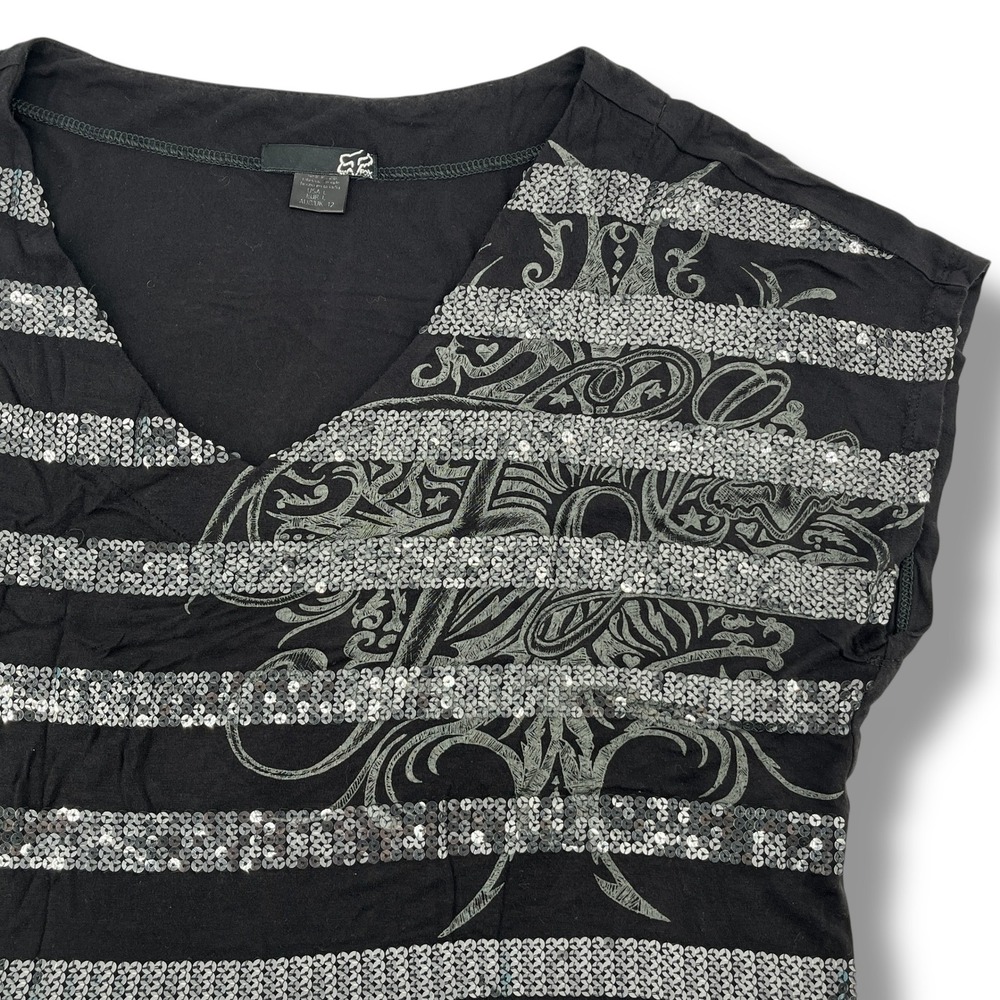 Fox Racing Womens L Black Silver Sequin Stripe Graphic Top Tee Shirt Moto BMX